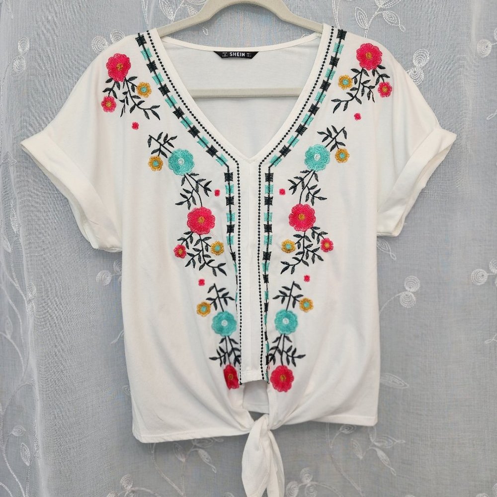 Short Sleeve White Blouse with Colorful Floral Embroidery & Front Knot